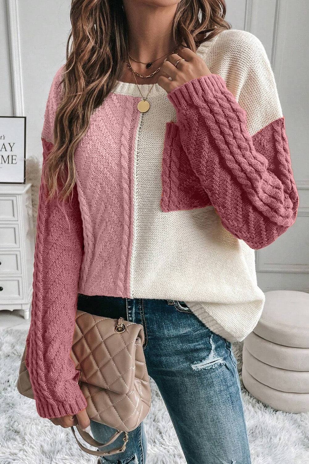 Rose Tan Colorblock Pocket Drop Shoulder Sweater