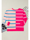 Rose Stripe Color Block Crewneck Long Sleeve Plus Size T Shirt