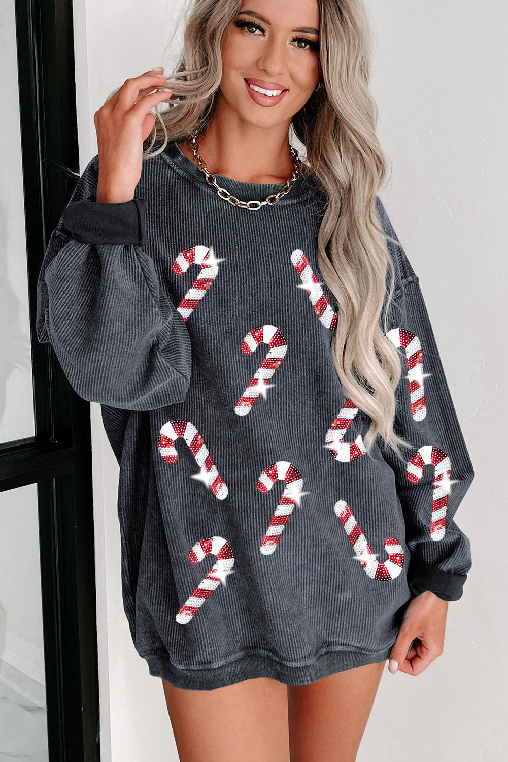 Pink Xmas Candy Cane Shining Graphic Corded Sweatshirt