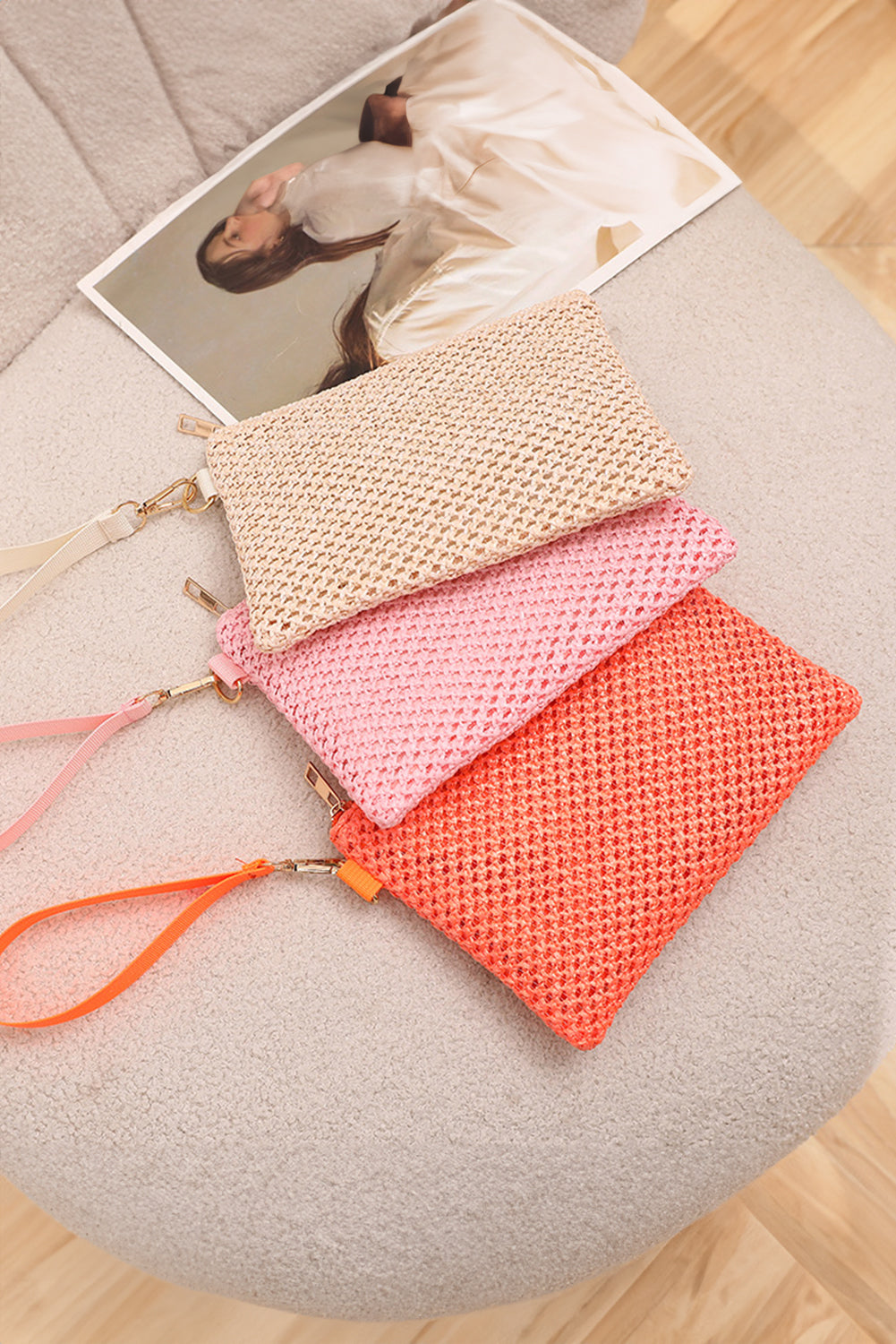 Pink Woven Zipper Wrist Strap Square Handbag