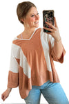 Bright Pink Ribbed Patchwork 3/4 Sleeve V Neck Loose Top