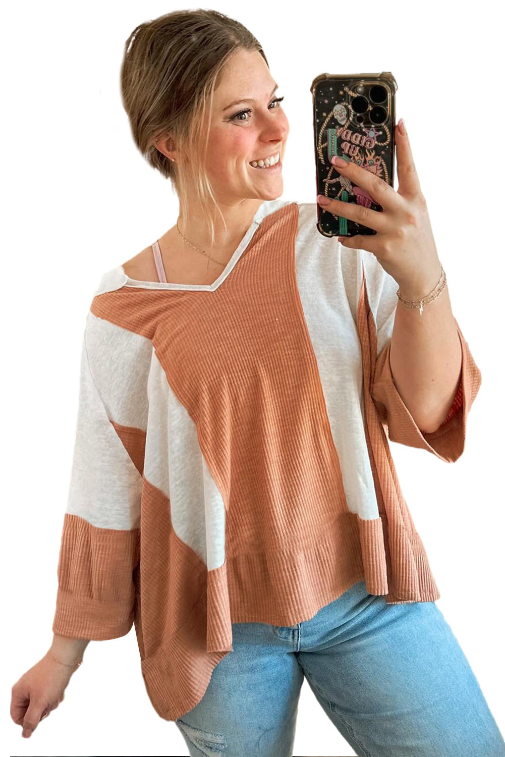 Bright Pink Ribbed Patchwork 3/4 Sleeve V Neck Loose Top