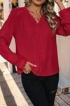 Racing Red Elegant Long Sleeve Lace V Neck Shirt