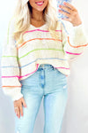 White Striped V Neck Drop Sleeve Sweater