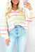 White Striped V Neck Drop Sleeve Sweater