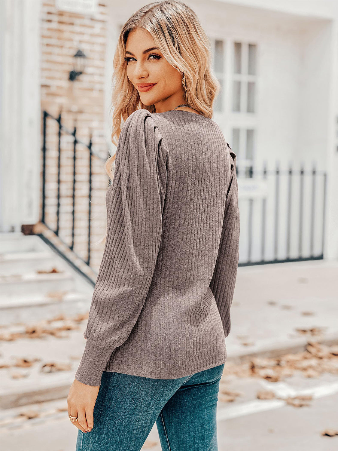 Ruched V-Neck Long Sleeve Top