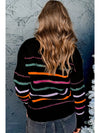 Black Colorful Striped Ribbed Trim Round Neck Sweater