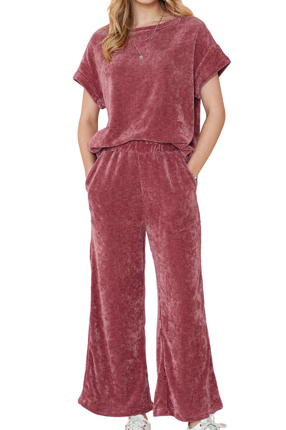 Rose Pink Mineral Wash Corduroy Short Sleeve Top and Crop Pants Set