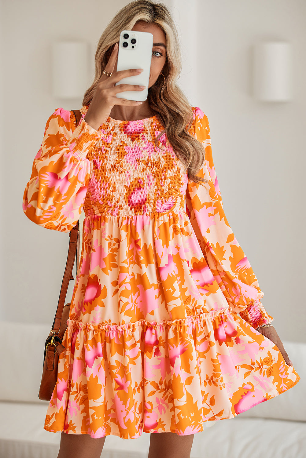 Orange Abstract Print Smocked Bust Lantern Sleeve Ruffle Mini Dress