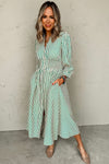Green Striped V Neck Zip Front Cinched High Waist Midi Dress
