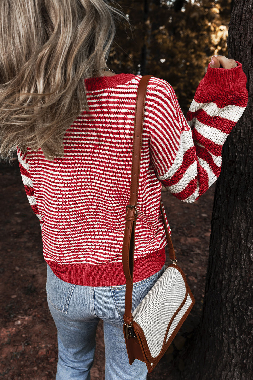 Red Stripe Twisted Knitted Drop Shoulder Sweater