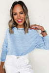 Beau Blue Solid Color Boat Neck Batwing Long Sleeve Top