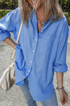 Blue Chest Pocket Button-up Loose Fit Blouse