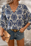 Blue Bohemian Print V Neck Flounce Sleeve Blouse