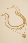 Gold 3pcs Layered Pearl Chain Bow Charm Necklace Set