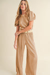 Clay Ribbed Short Puff Sleeve Top and Wide Leg Pants Set