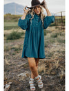 Light Blue Snap Button Empire Waist Lantern Sleeve Corduroy Dress