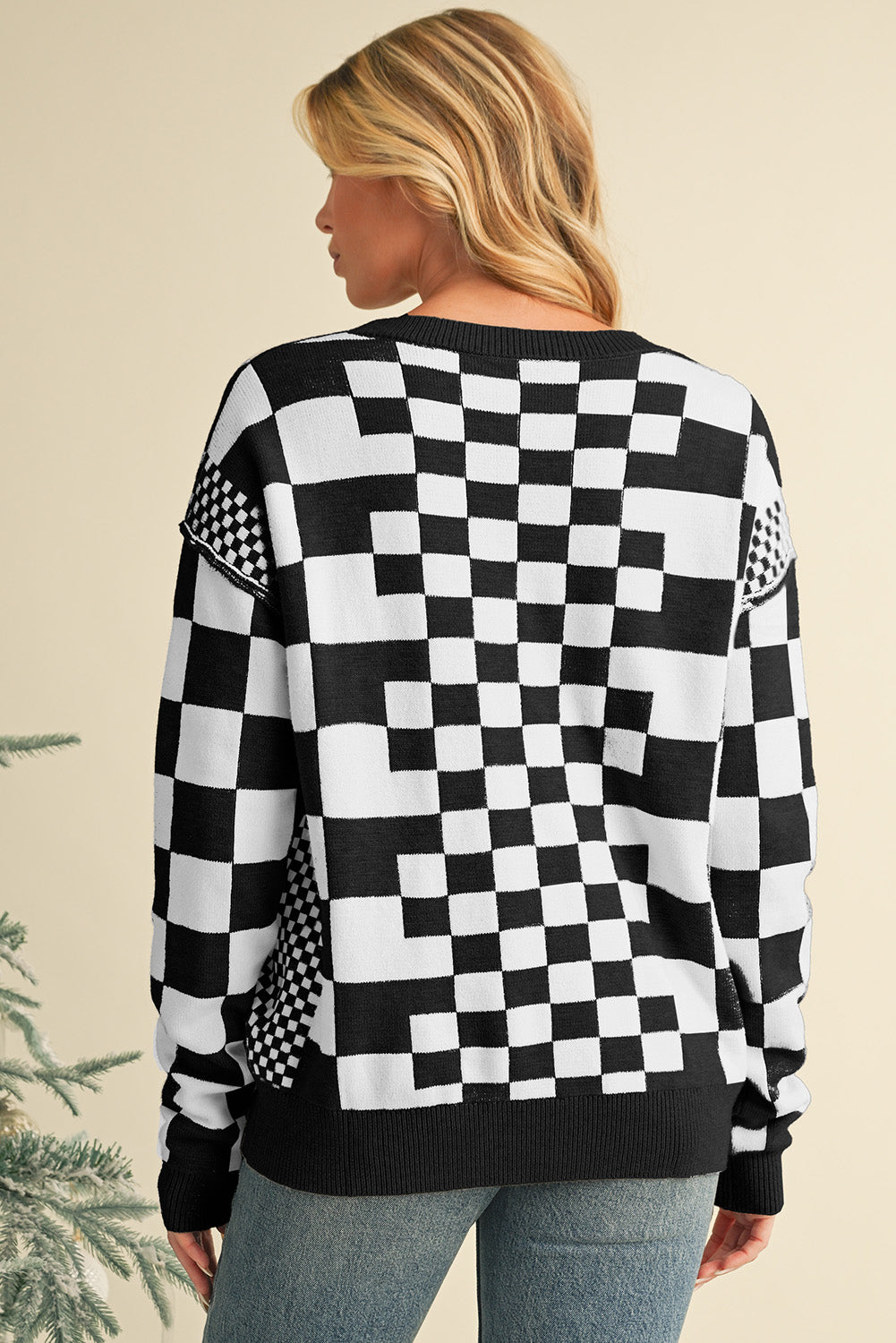 Carrot Checkered Drop Shoulder Round Neck Sweater