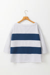 Sail Blue Striped Patchwork 3/4 Sleeves Raw Edge Sweatshirt