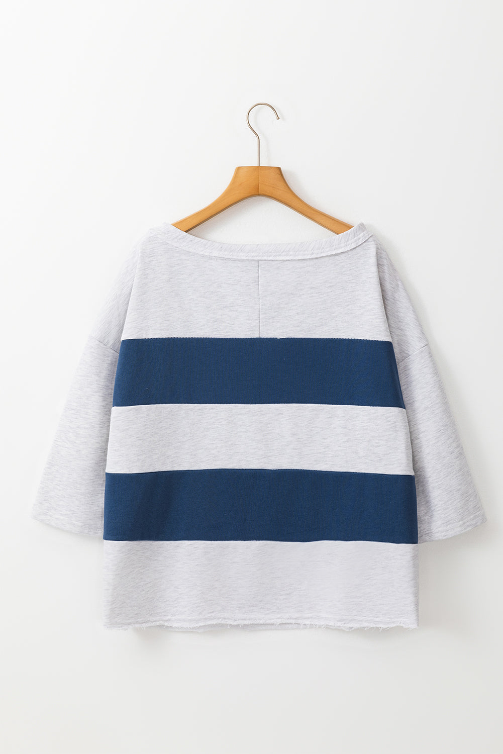 Sail Blue Striped Patchwork 3/4 Sleeves Raw Edge Sweatshirt