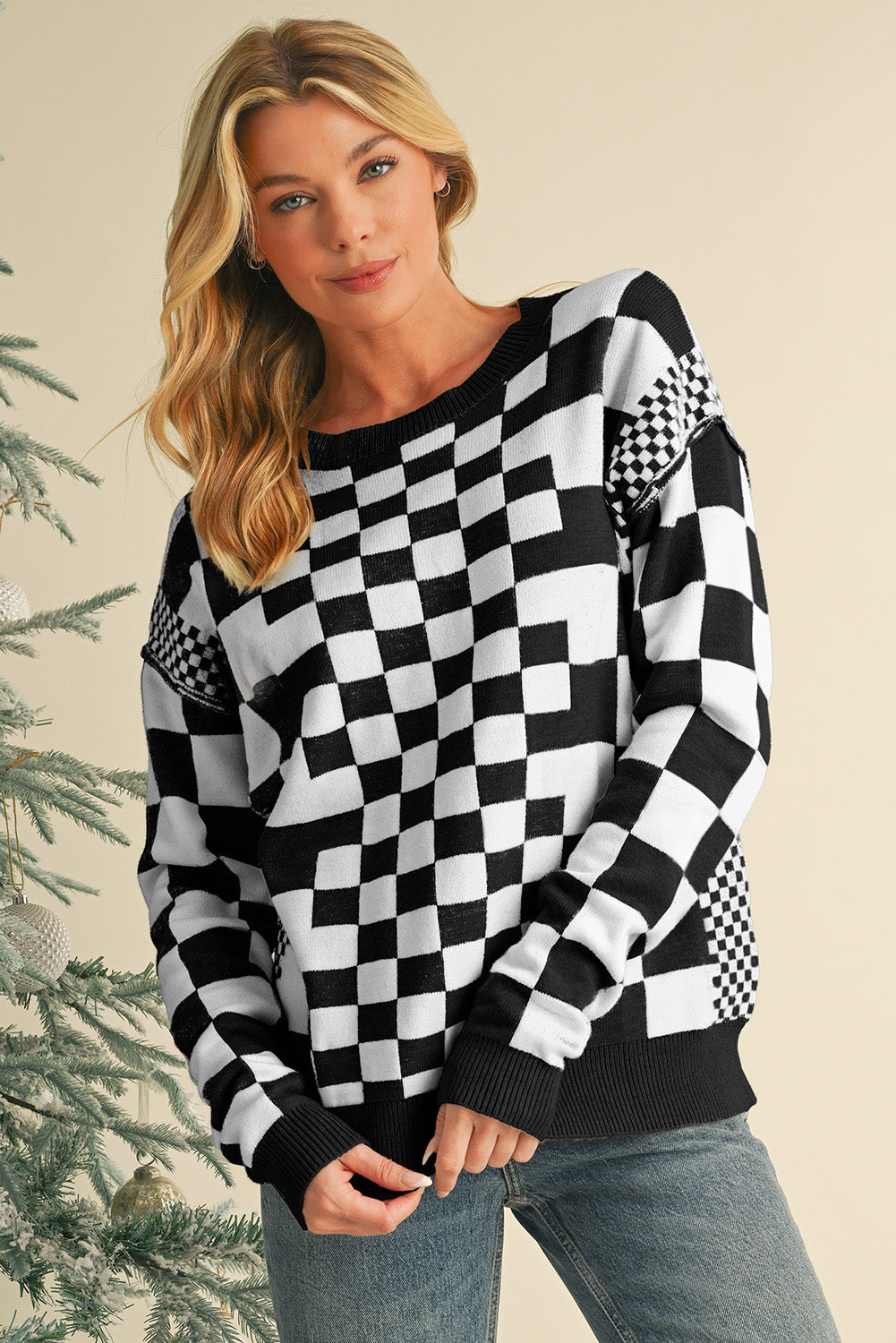 Carrot Checkered Drop Shoulder Round Neck Sweater