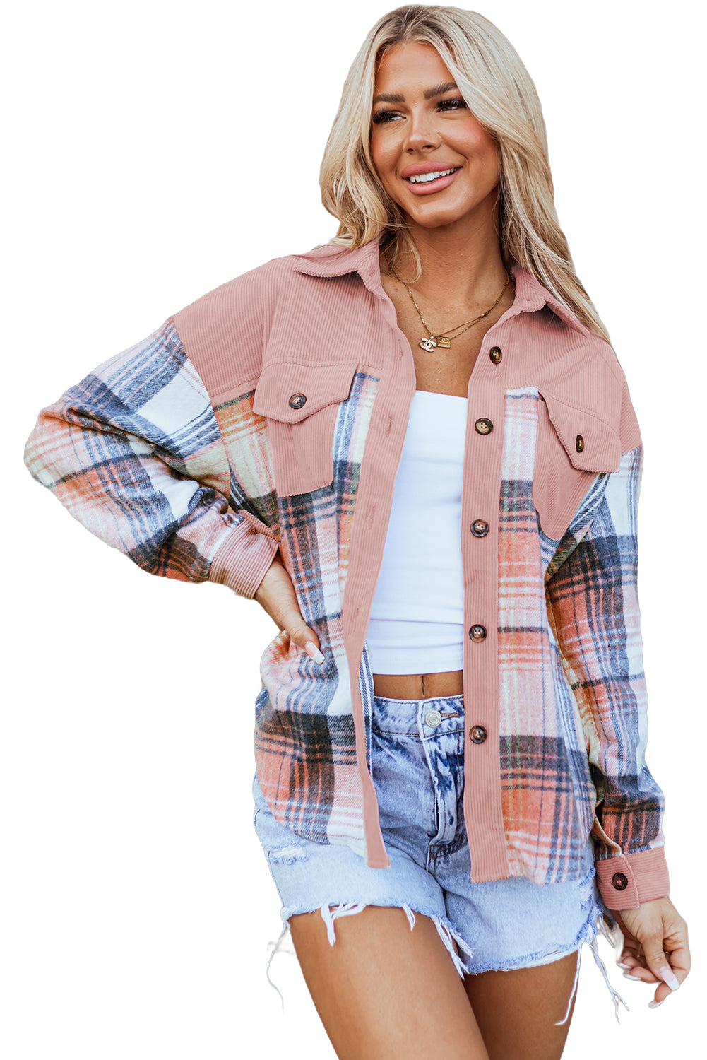 Light Pink Plaid Corduroy Patchwork Pocket Loose Shacket