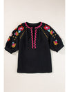 Black Floral Embroidered Ricrac Puff Sleeve Textured Blouse