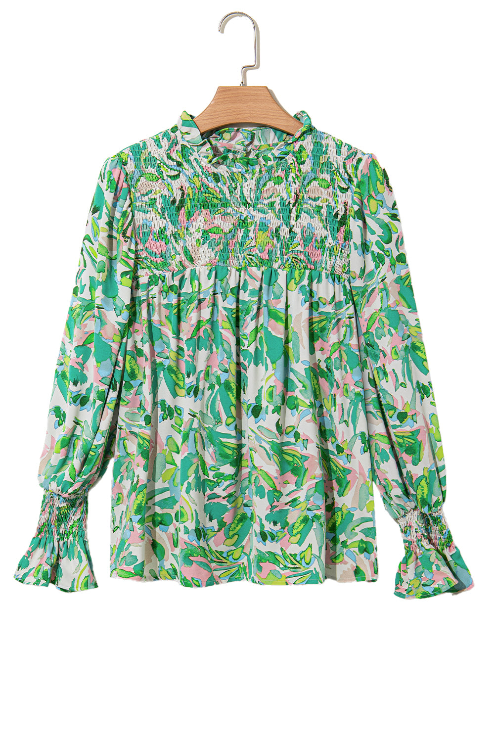 Green Abstract Print Puff Sleeve Frill Neck Shirred Blouse