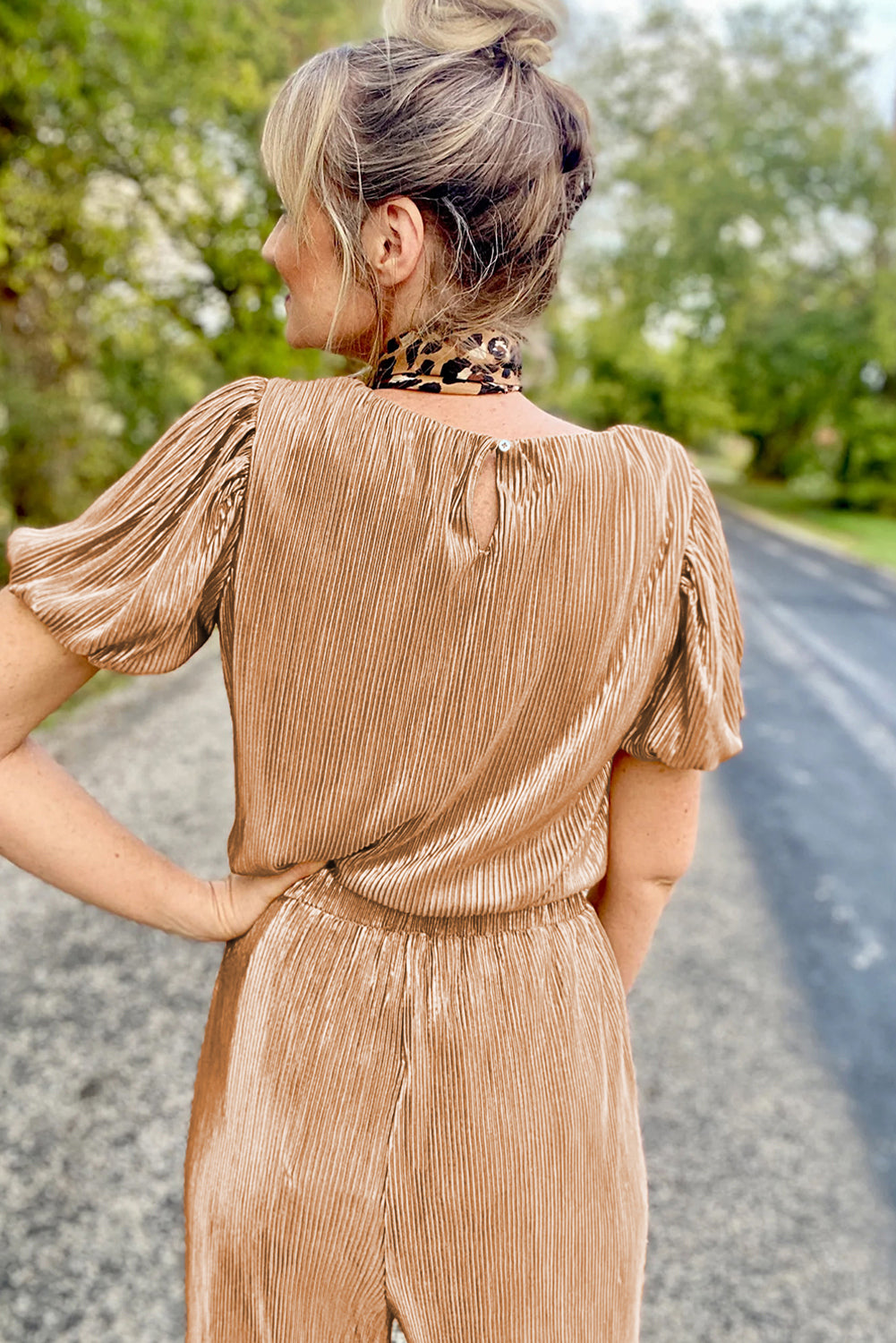 Clay Ribbed Short Puff Sleeve Top and Wide Leg Pants Set