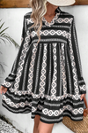 Black Boho Geometric Printed Flared Long Sleeve Mini Dress - Cocoa Yacht Club