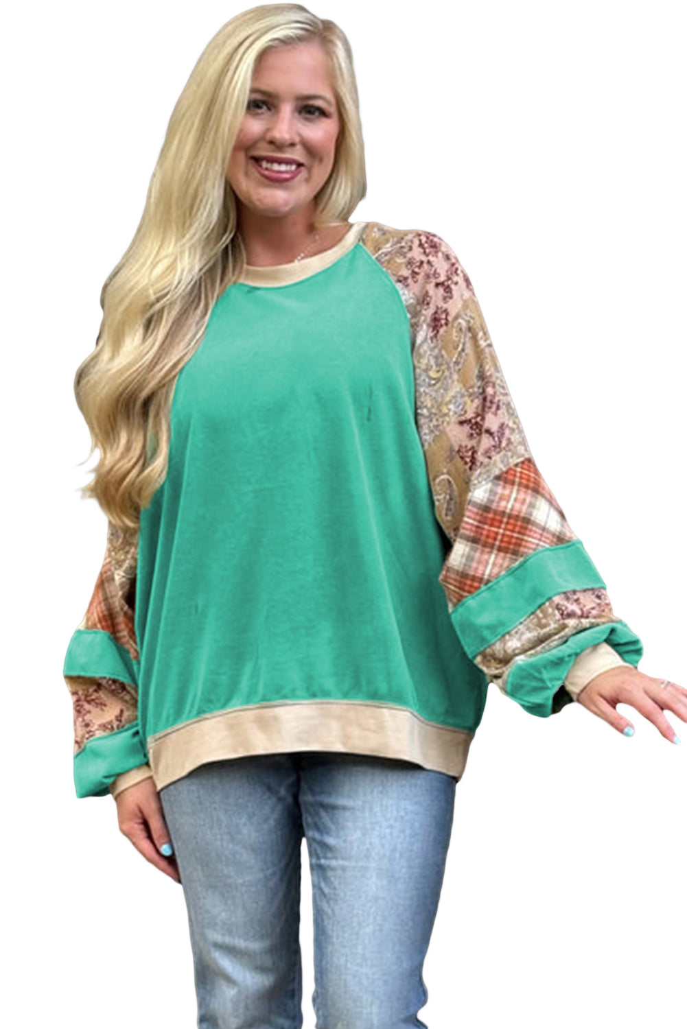 Sky Blue Plaid Floral Patchwork Raglan Sleeve Plus Size Sweatshirt