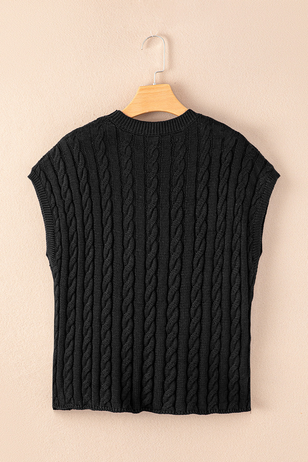 Flaxen Solid Color Cable Knit Short Sleeve Sweater