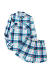 Blue Plaid Print Shirt and Frill Trim Shorts Pajama Set