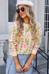 Beige Boho Floral Print Round Neck Sweater