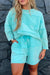 Aruba Blue Solid Color Pullover Top Plus Size Raw Hem Shorts Set