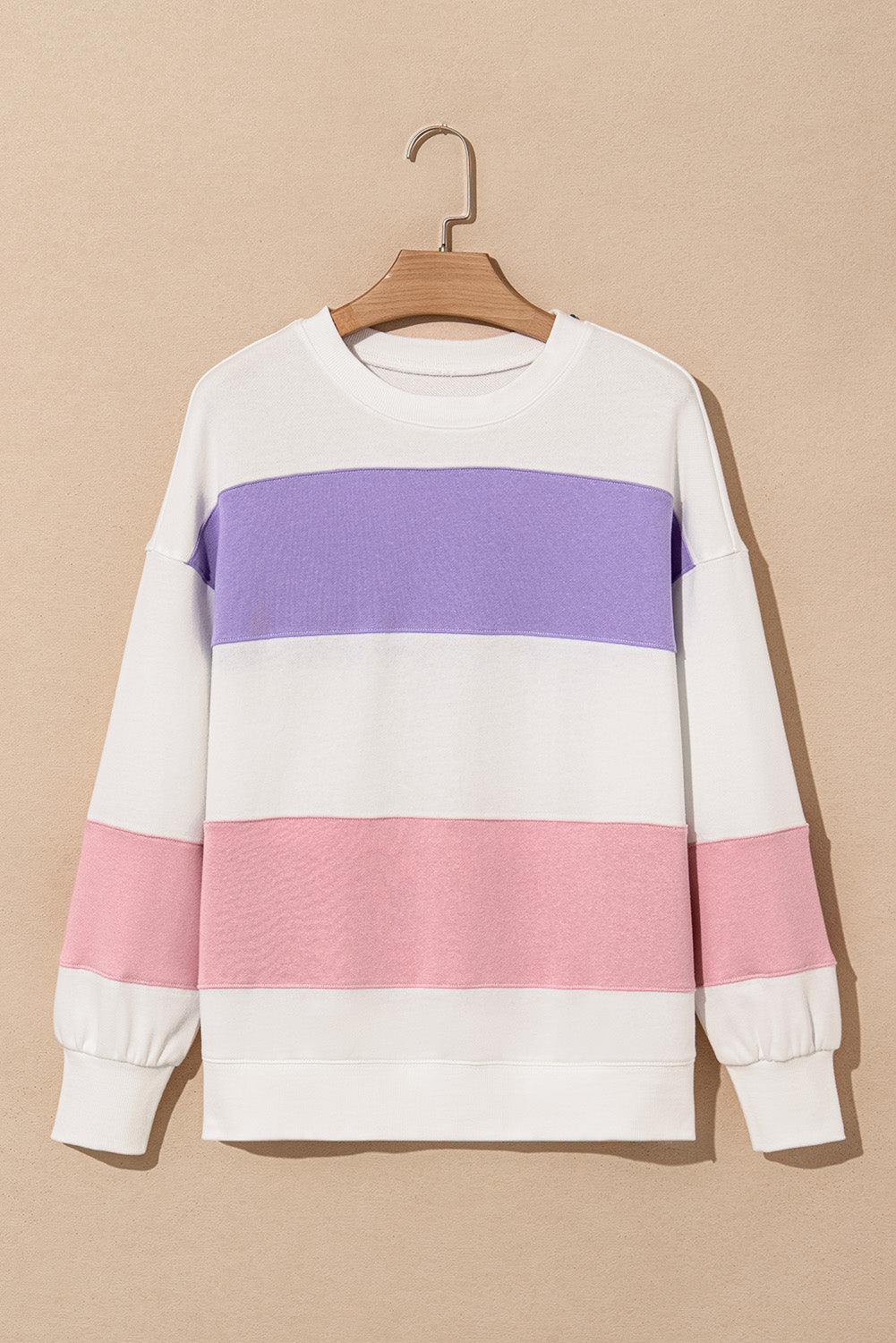 Beige Colorblock Patchwork Drop Shoulder Crewneck Sweatshirt