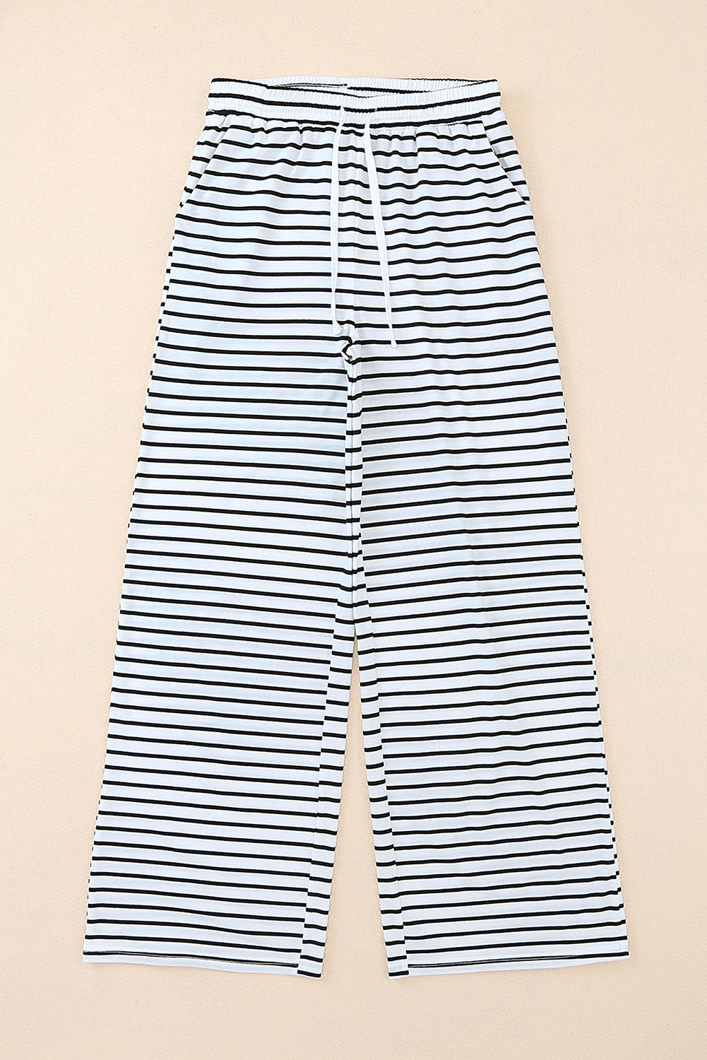 White Striped Casual Drawstring Wide Leg Pants with Pockets