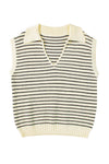 Beige Stripe Turn-down Collar Sleeveless Knitted Top