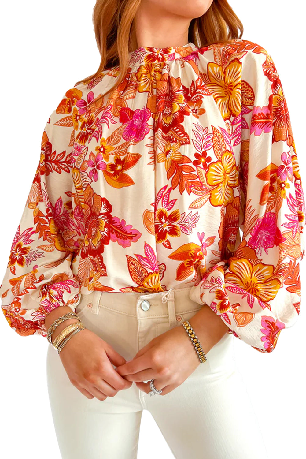 Orange Boho Floral Lantern Sleeve Blouse