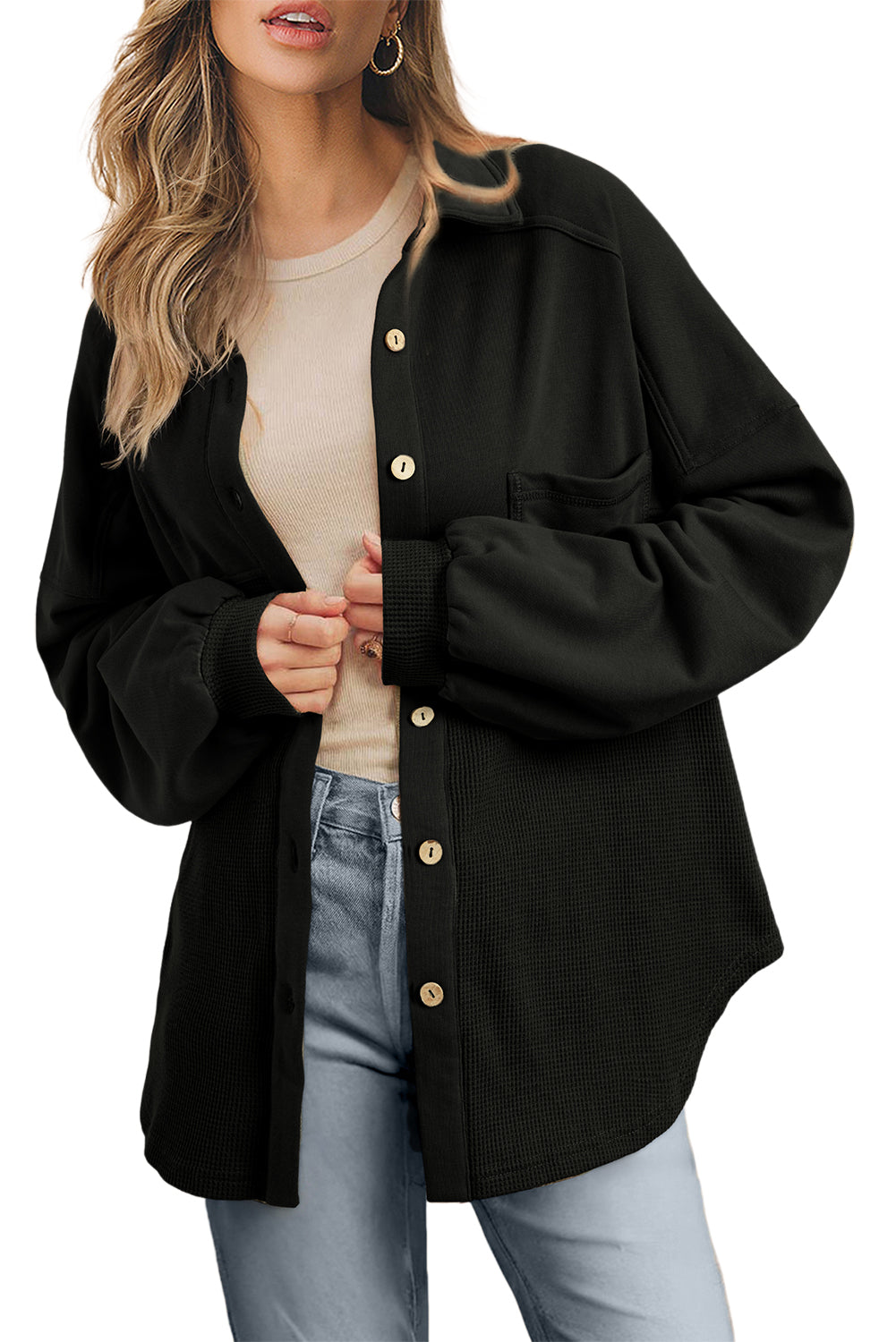 Black Waffle Knit Patchwork Buttoned Oversized Shacket