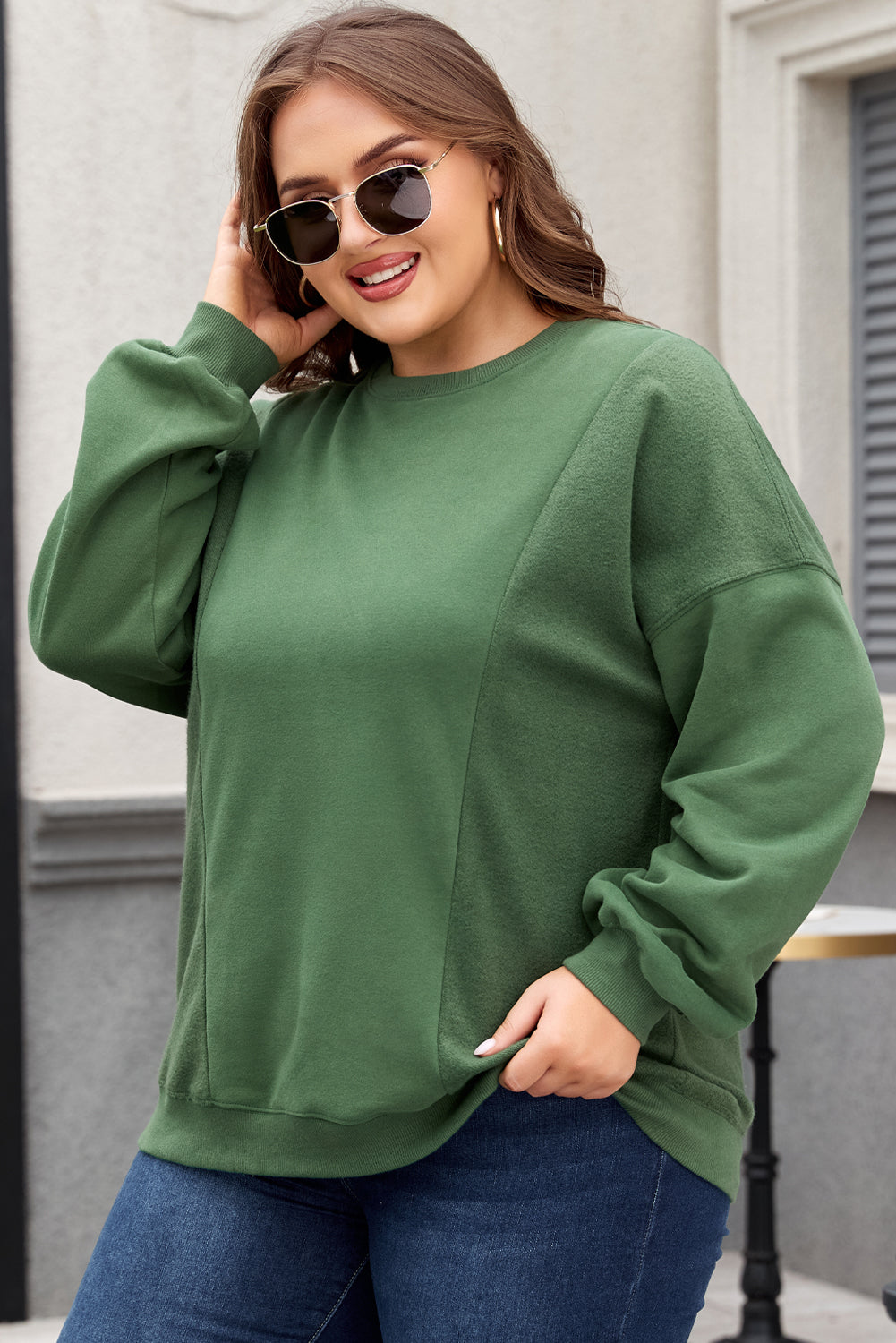 Apricot Loose Patchwork Crewneck Plus Size Sweatshirt