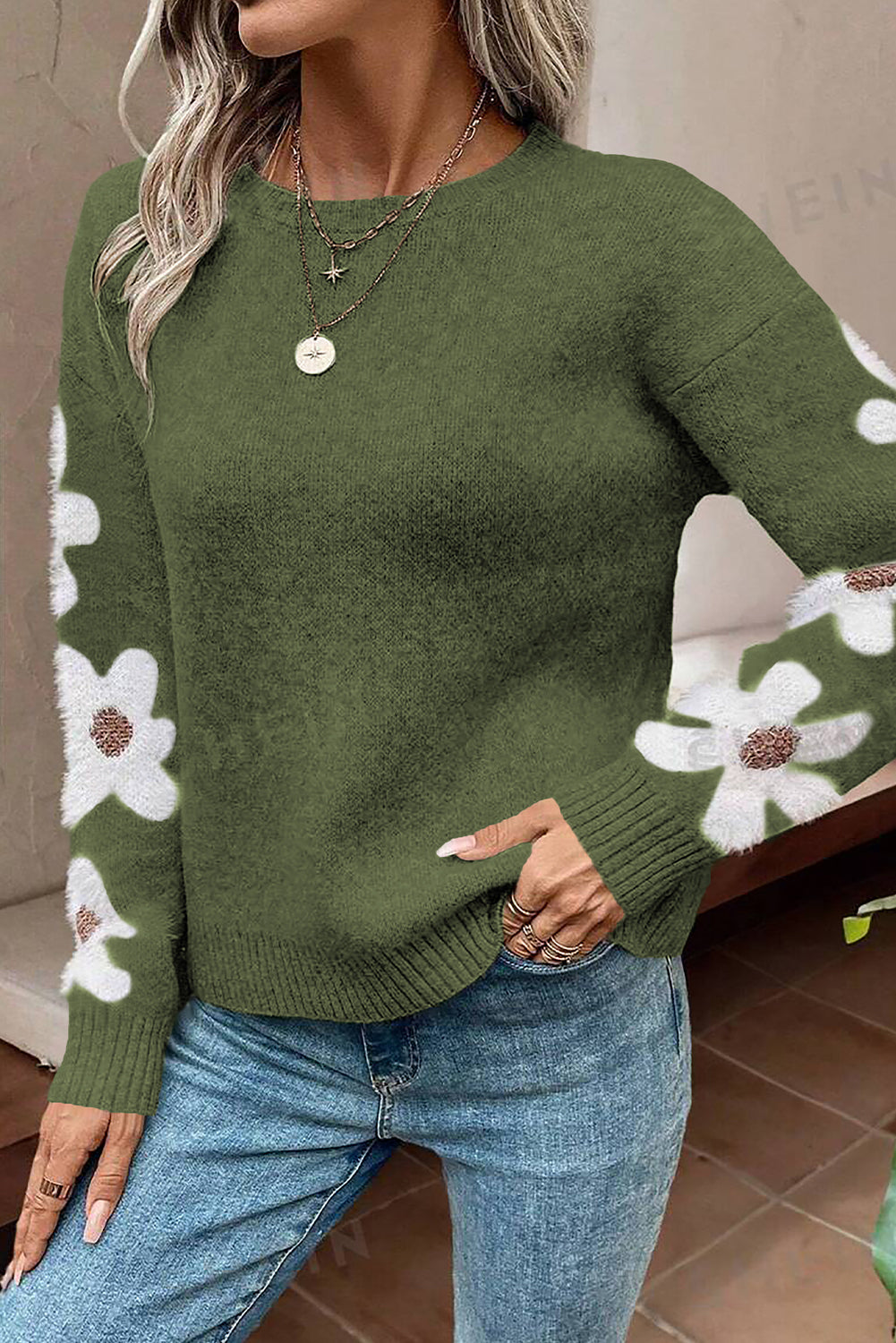 Jet Stream Flower Sleeve Drop Shoulder Sweater