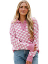 Apricot Checkered Buttons Collar V Neck Drop Shoulder Sweater