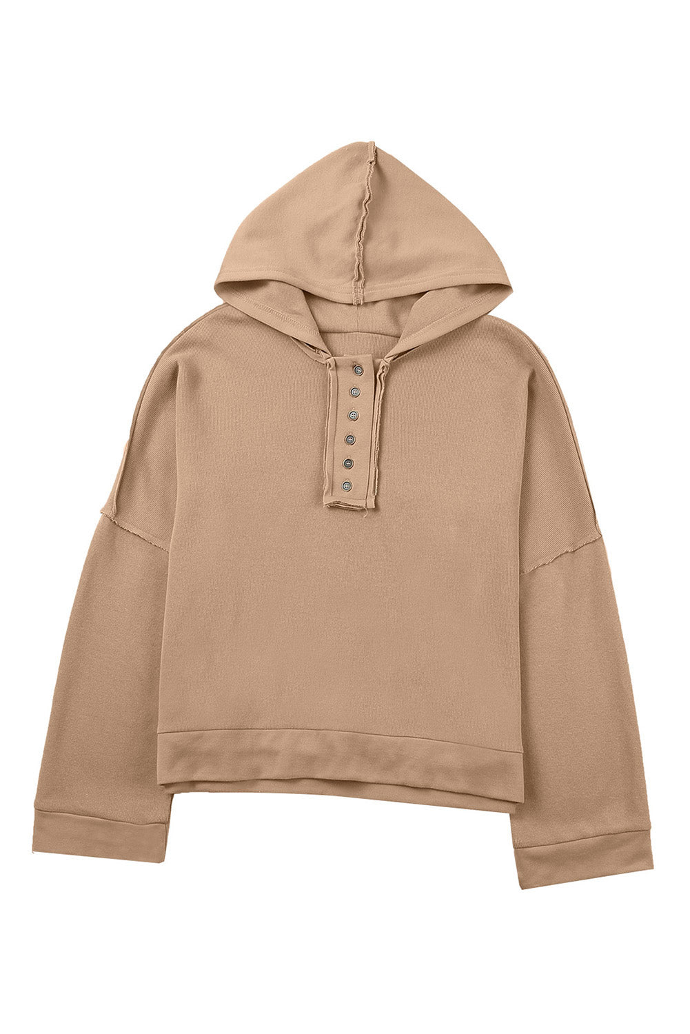 Khaki Solid Color Casual Button Seam Trim Hoodie