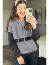 Gray Textured Patchwork Kangaroo Pocket Drop Shoulder Hoodie