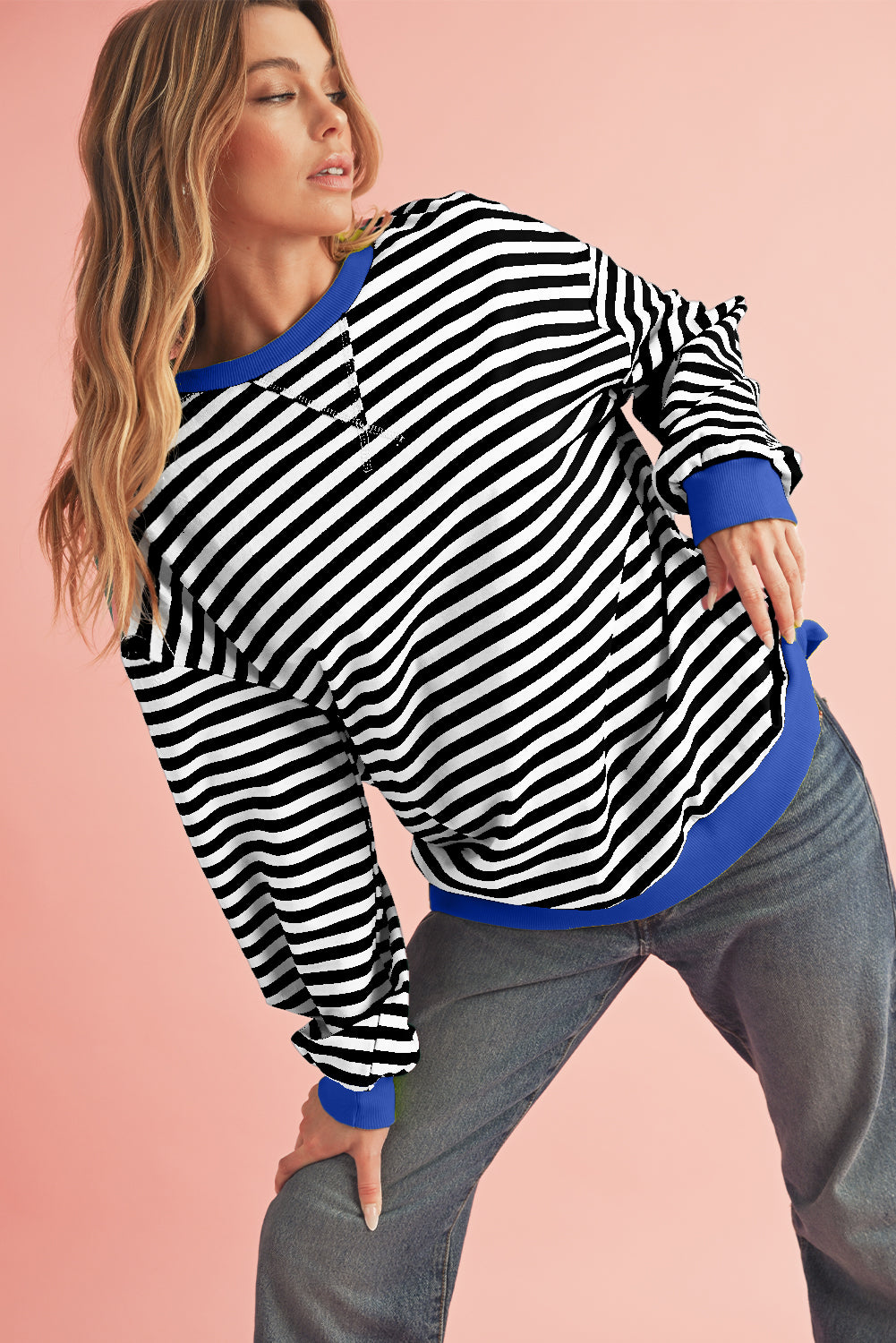 Green Stripe Contrast Edge Oversized Sweatshirt