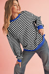 Blue Stripe Contrast Edge Cross Seam Oversized Pullover