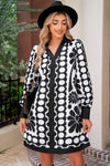 Black Abstract Print V Neck Puff Sleeve Mini Dress