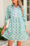 Green Floral Print Scallop Trim Pocket Mini Dress