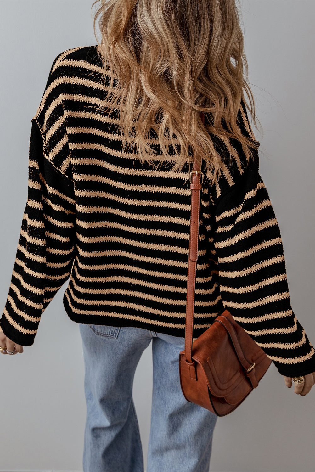 Black Stripe Drop Shoulder Round Neck Loose Sweater